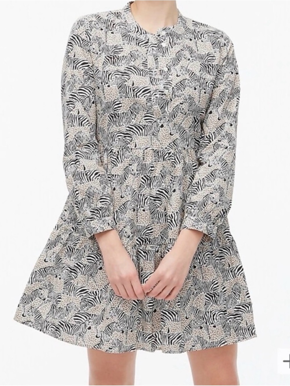J. CREW Zebra Animal Print Tiered Long Sleeve Dress Cotton Poplin Pockets - XS